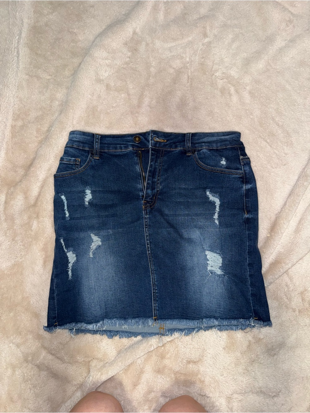 Dark Blue Distressed Denim Skirt - Women